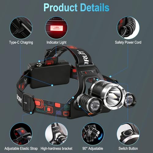 BORUIT Rechargeable Headlamp with Red Light, 90° Adjustable, 3 Modes