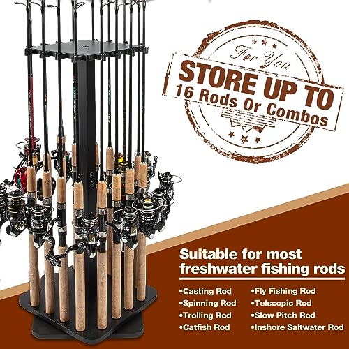 Ghosthorn Black Rotating Fishing Rod Holder for Garage Storage, 360° Spin, Holds 16 Rods