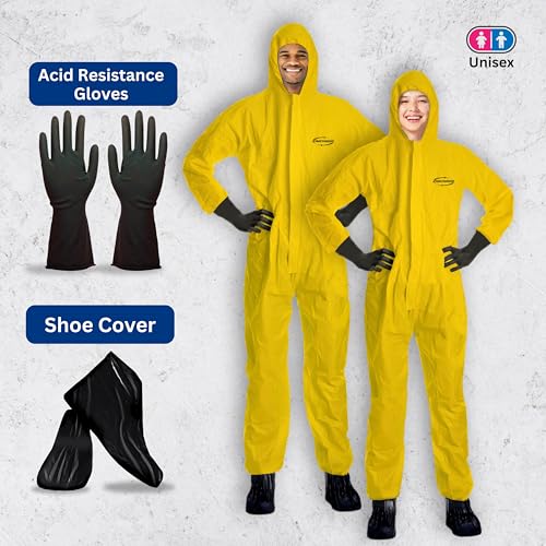 Yellow Coverall Chemical Suit With Reusable Acid Resistant Gloves And Plastic Waterproof Shoe Cover