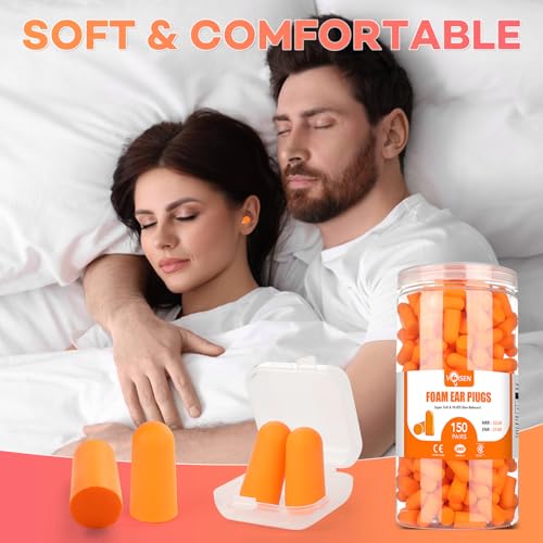 VOISEN 150 Pairs Foam Ear Plugs, Ear Plugs for Sleeping Noise Cancelling, 32dB NRR, 37dB SNR Earplugs for Sleeping, Snoring, Studying, Loud Events, Traveling & Concerts, A Storage Box, Orange