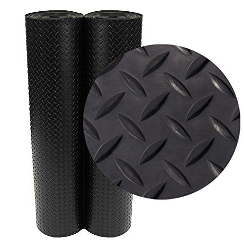 Rubber-Cal Diamond-Plate Rubber Flooring Roll 84"L x 48"W x 0.12" (3mm) Black - Industrial Non-Slip Mat for Gym, Garage, Trailer, and Outdoor Use