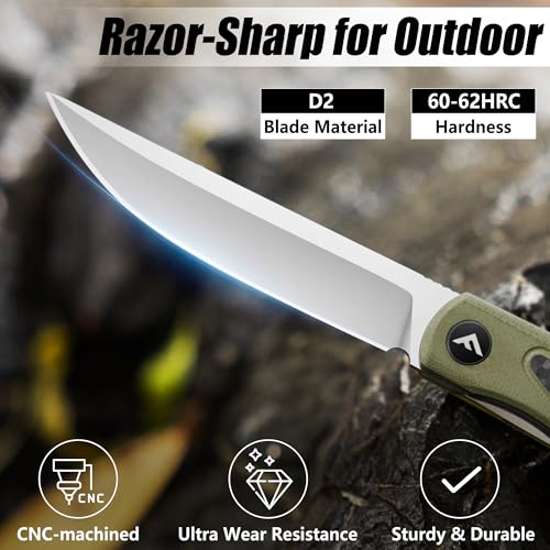 FLISSA Green Pocket Folding Knife with Quick Open Front Flipper, D2 Steel & Carbon G10 Handle