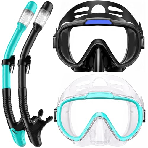 Snorkeling Gear Set for Adults - Anti-Fog Mask & Dry Top Snorkel - Z-Black/Green Transparent
