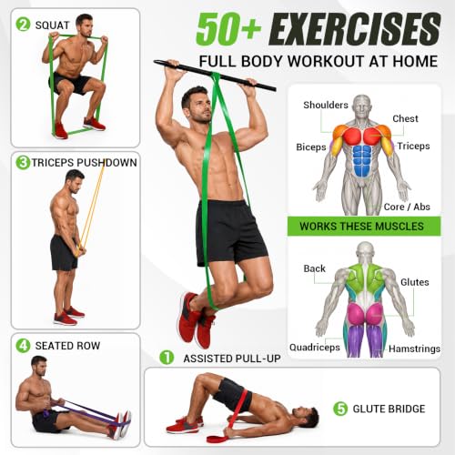 Nooncrazy Resistance Bands Set 8-125 lbs with Variations – Yellow, Red, Black, Purple, Green