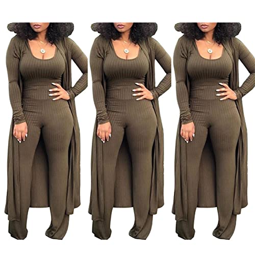 HANMAX Women’s Winter Knit Tracksuit Set - Blazer Coat & Long Pants, Army Green, Large