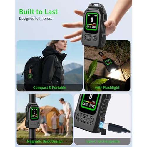 Carbon Monoxide Detectors, 3-in-1 Portable CO Detector with Magnetic Back 300H Standby Alarm, Rechargeable RV CO Alarm Temp/Hum Sensor with Lanyard for Camping Hotel Travel Tent Car