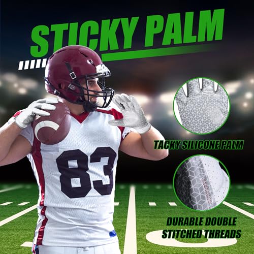 HANDLANDY White Silvery Large Football Gloves Men, Sticky Grip, Impact Padding