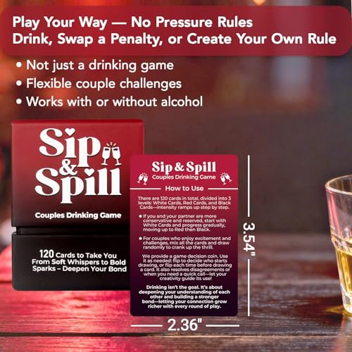 Couples Card Game - Sip & Spill with 120 Dares & Decision Coin