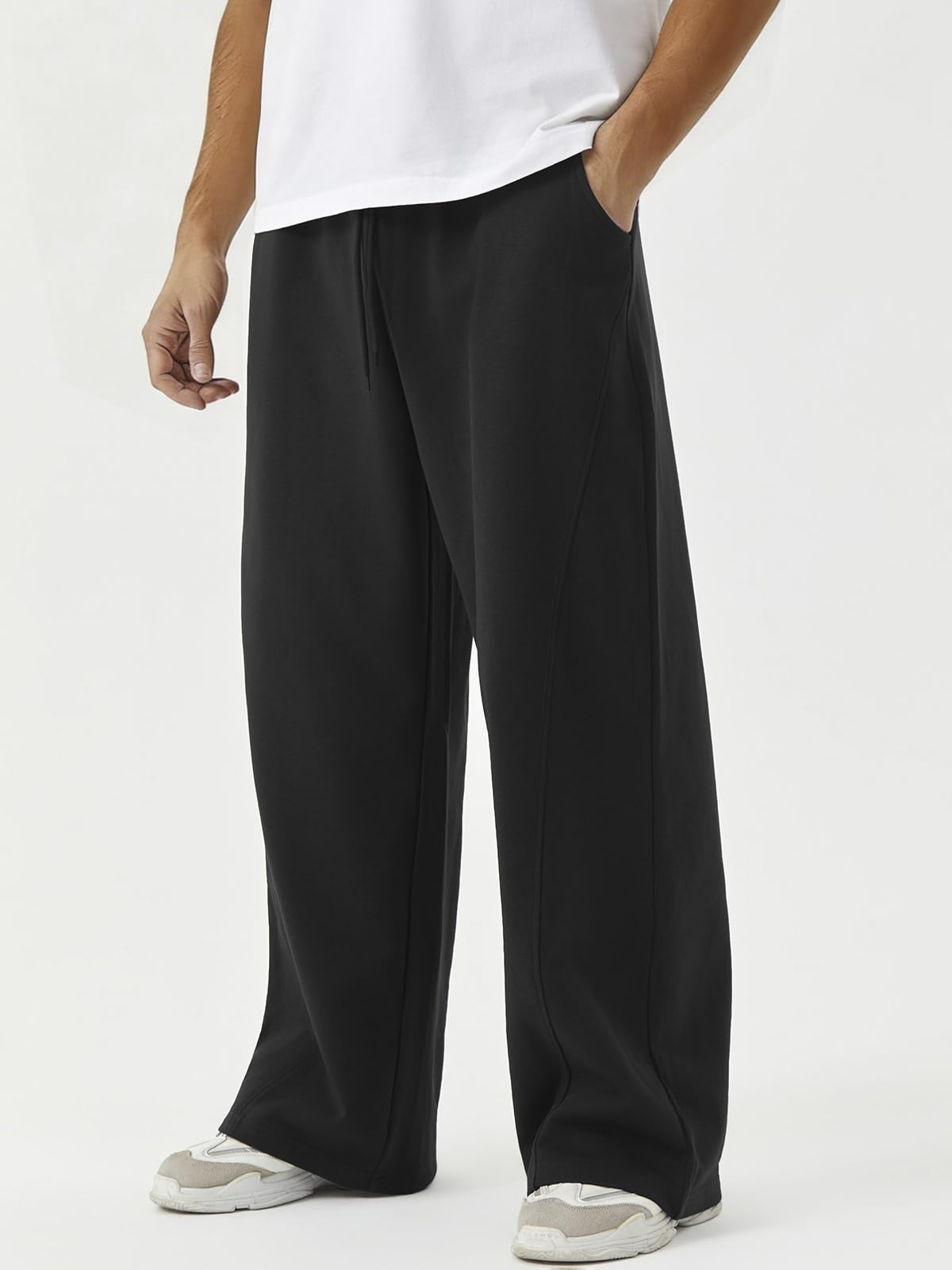 ATOFY Men's Baggy Sweatpants Wide Leg Pants Elastic Waist Drawstring Loose Lounge Joggers Sweatpant with Pockets Black