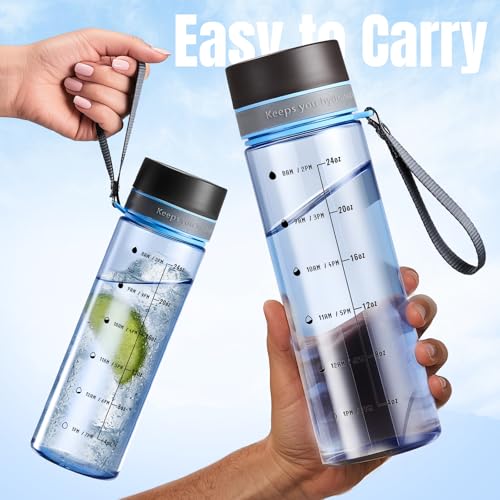 28 oz Clear Water Bottle with Measurements - Blue