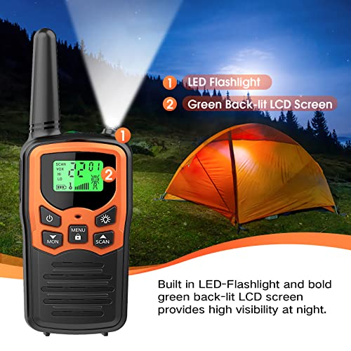 Long Range Walkie Talkies for Adults - 22 Channels, LED Flashlight & VOX Function (2 Pack, Orange)
