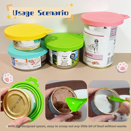 Pet Food Can Covers - Silicone Lids for Dogs & Cats - Green & Orange with Spoon