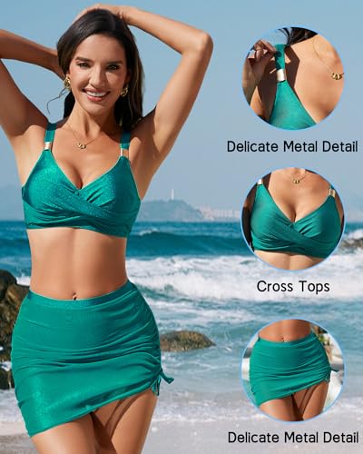 Jabeick Women's Push Up Bikini Set High Waisted with Skirt - Large Blue Green