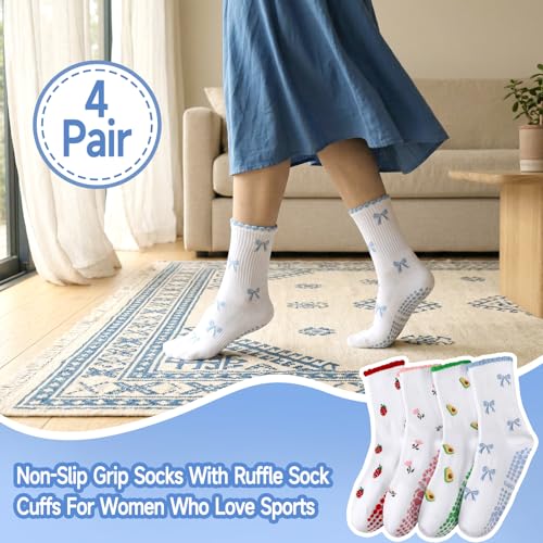 Pilates Socks with Grips for Women - 4 Pairs in Pink, Red, Blue & Green