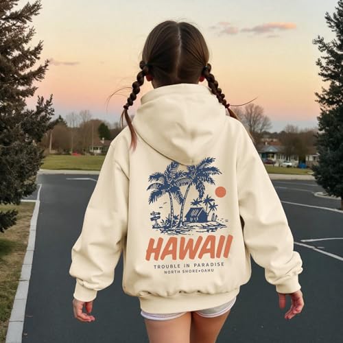 Hawaii Hoodie for Girls - Apricot, 5-6 Years, Aesthetic Pullover