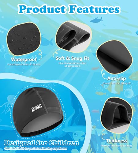 Kids Swim Caps - Soft Fabric Hat for Long Hair - Black, Medium