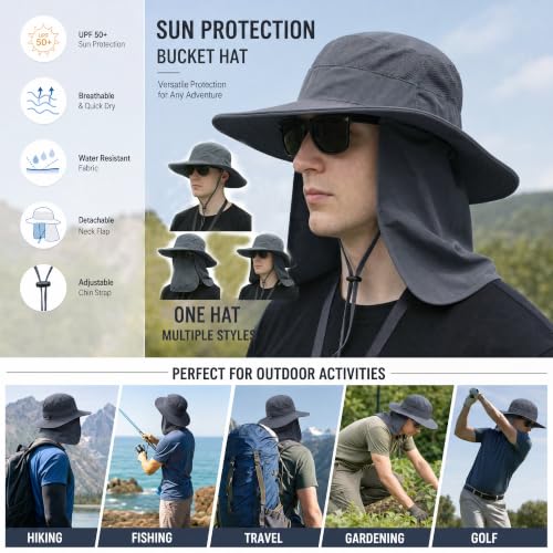 Outdoor Wide Brim Fishing Hat with Detachable Face Cover - Deepgrey