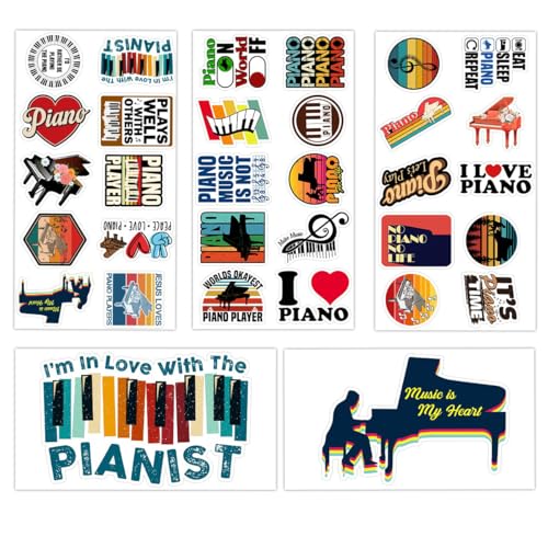 Piano Sticker Pack 32 pcs 5 Sheets Waterproof Vinyl Stickers Musical Instrument Decal for Water Bottles Laptop Skateboard Car Windows Gift for Adults Boys Girls
