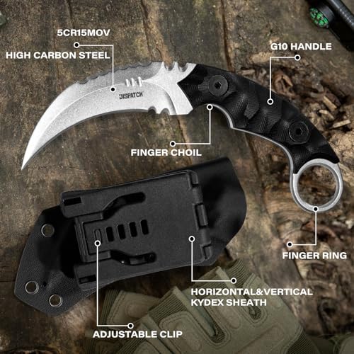 Dispatch Black Karambit Tactical Fixed Blade Knife, 5Cr15Mov Steel, G10 Handle, Kydex Sheath, Outdoor Survival & Camping
