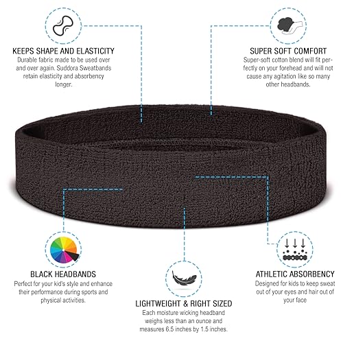 Kids Non-Slip Sweatband Headband - Lightweight Black for Sports
