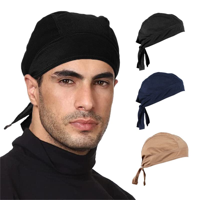 Cooling Beanie 3-Pack - Sweat Wicking Do Rag Head Scarves - Black, Blue, Beige