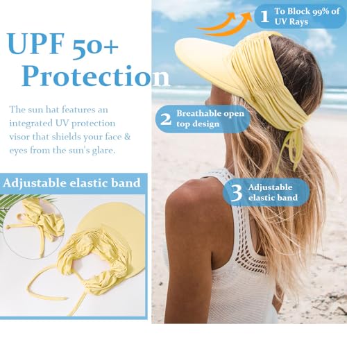 Women Adjustable Foldable Visor Sun Hat - Yellow