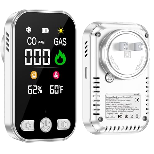 4in1 Plug in Carbon Monoxide Detector & Combustible Natural Gas Detectors Combination Builti-in Battery HD Screen [CO Gas Temp Humidity Sensor] for Home Hotel Travel (1 Pcs,HD12-CG, White)