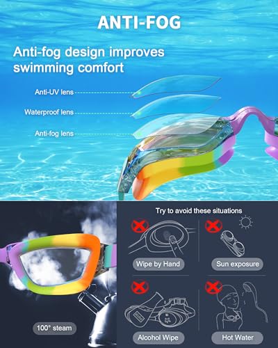 Hurdilen Mirrored Rainbow Kids Swimming Goggles with Nose Clip & Earplugs - Age 3-15
