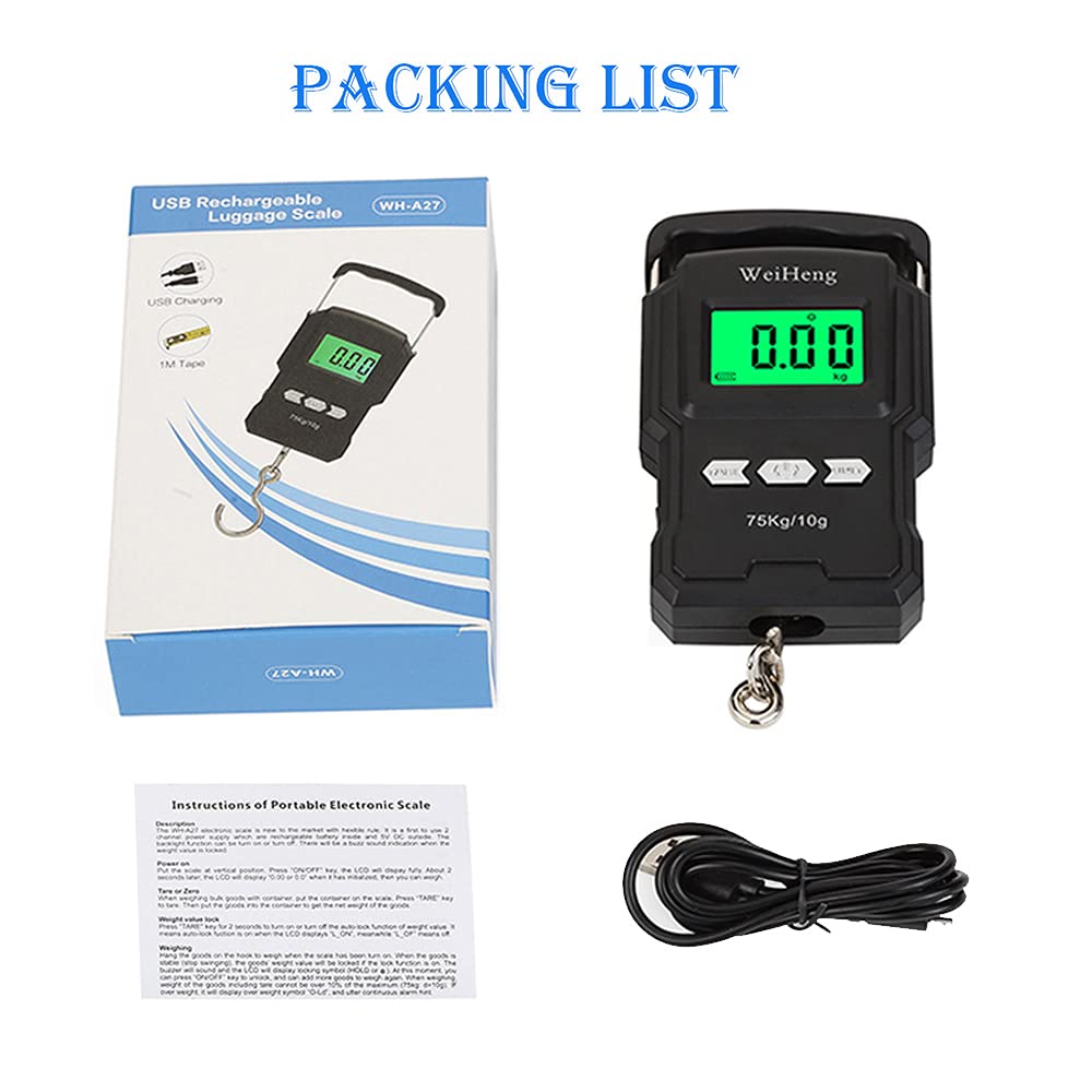 Skiennix Rechargeable Luggage Scale - Portable Digital Hook Scale with Measuring Tape, 165Lb, Black