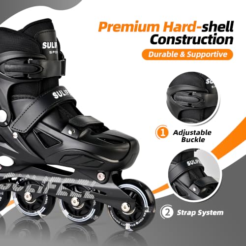 SULIFEEL Adjustable Light Up Kids Inline Skates - Black / Medium for Boys & Girls 4-12