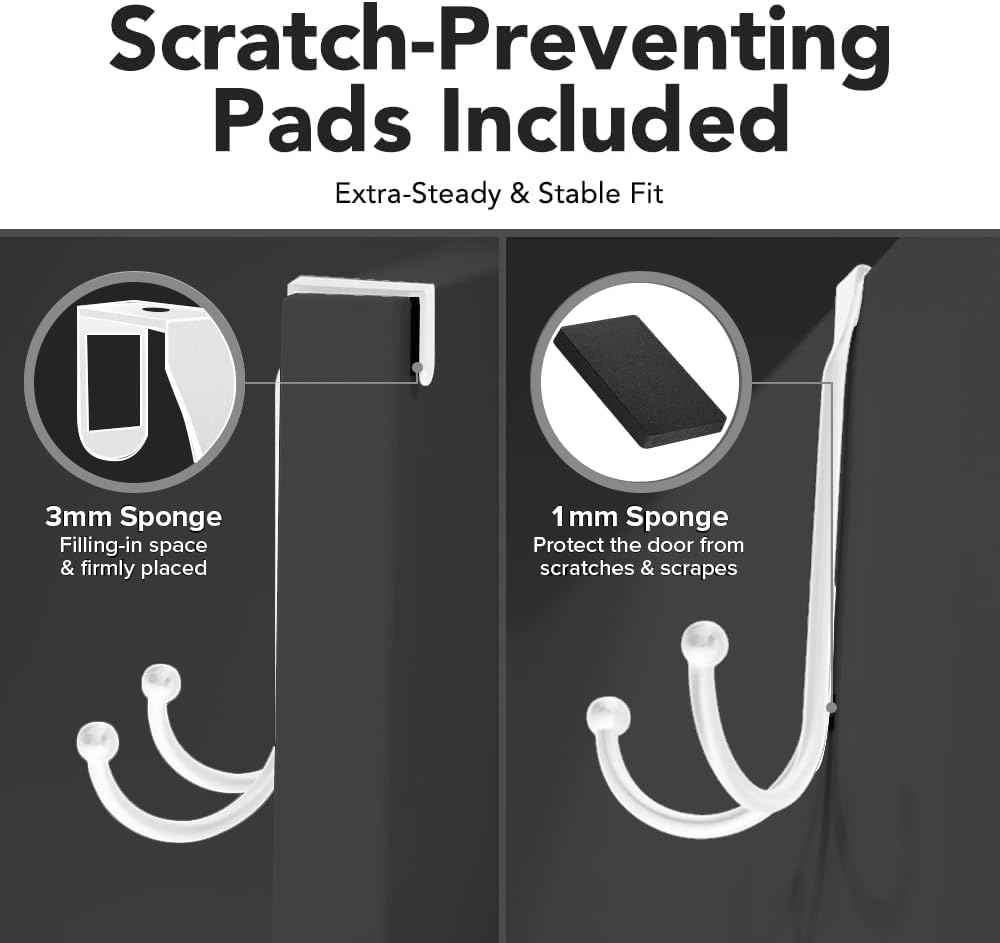 LEVAF 2-Pack Over The Door Hooks - with 2 Hang Heads & Snug Fit Pads Heavy Duty Hook for Hanging Coats, Towels, Caps & Robes - Elegant Matt Finish - No Drill Hanger Organizer - White