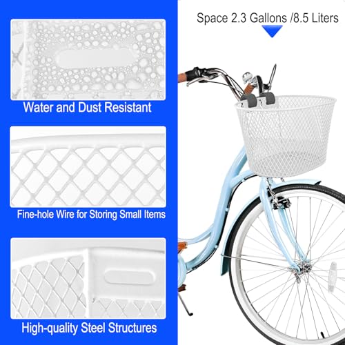 Mkuero White Front Bike Basket Waterproof Metal Wire Bicycle Carrier with Handle