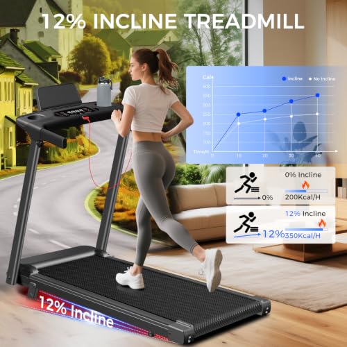 Foldable Treadmill with 12% Incline - Compact & Portable - Black