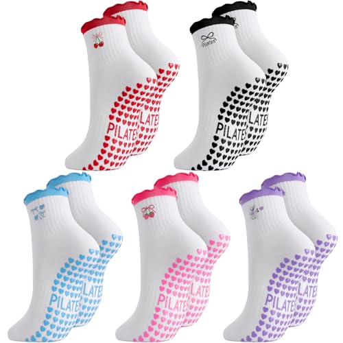Non-Slip Yoga Socks for Women - Embroidery Pilates Grip Socks - 5 Pairs