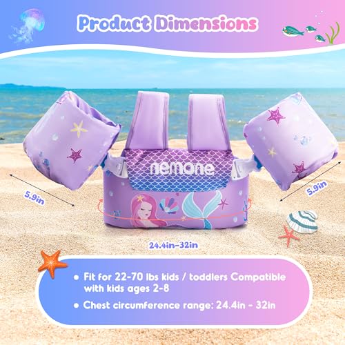 NEMONE 22-70 lb Toddler Swim Vest with Detachable Arm Water Wings - Purple Mermaid