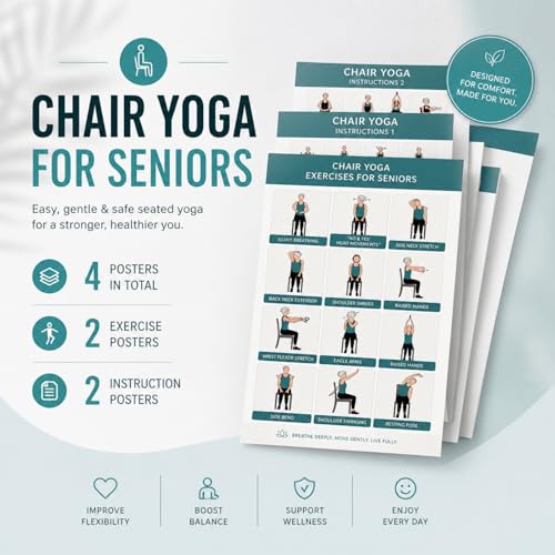 Chair Yoga Posters for Seniors - Set of 4 Gentle Seated Poses
