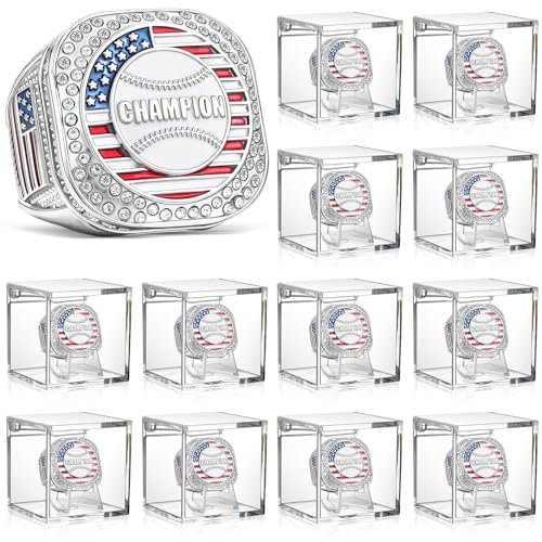 Championship Trophy Rings Set - 12 Silver Baseball Rings with Display Case