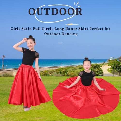 Snowaqua 360 Red Satin Full Circle Dance Skirt for Girls 8-12 Years - Ankle Length Swing Skirt for Belly Dance