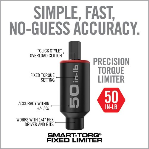 Real Avid Smart-Torq Fixed 50 Inch-Lb Torque Limiter - Accuracy Within +/- 5%, Click-Style Clutch Mechanism Prevents Over-Tightening, Works with 1/4" Hex Drivers and Bits
