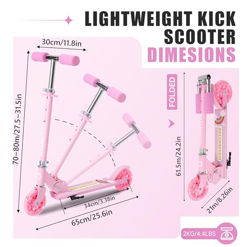 Pink Kids Kick Scooter with LED Light-up Wheels, Adjustable Handlebar, Foldable Aluminum Frame