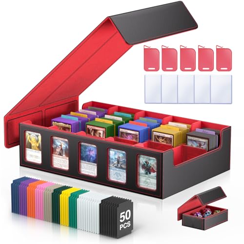 MORCCO Trading Card Storage Box 5-Row Magnetic Lid, 3900+ Capacity (Black Red) - Display Windows