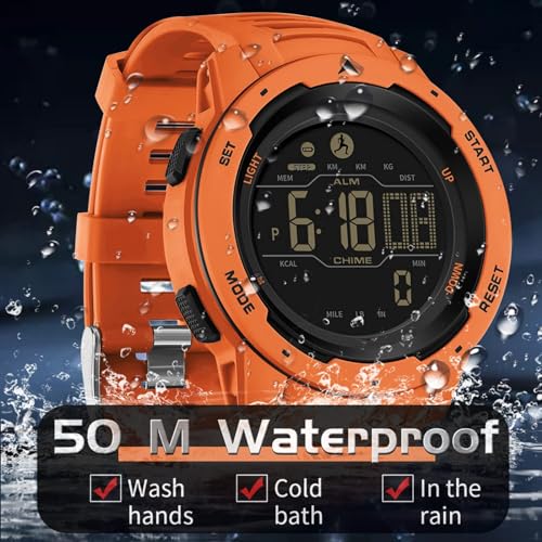 Men's Digital Sports Watch - Waterproof Pedometer with Stopwatch & Alarm - Orange
