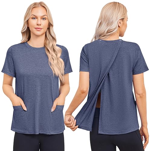 Deyeek Post Surgery Hospital Shirt for Women Large Blue Purple Tear Away Snap Open Back