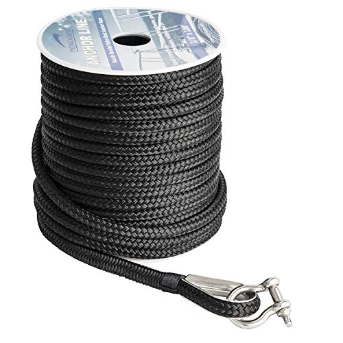 Young Marine 3/8 Inch x 150Ft Black Nylon Double Braided Anchor Line with Stainless Steel Thimble
