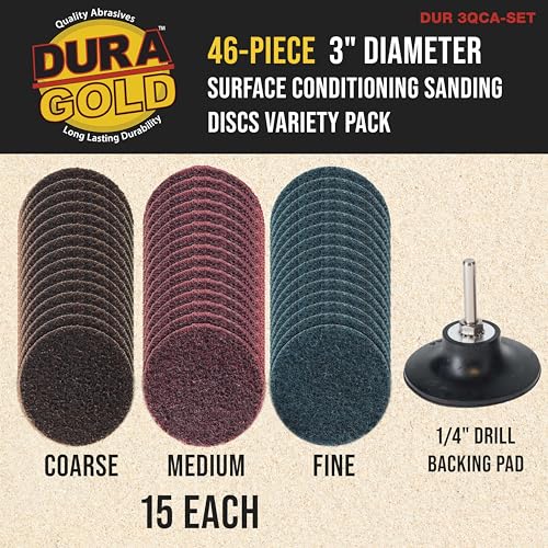 Dura-Gold 46-Piece 3" Diameter Surface Conditioning Sanding Discs Variety Pack - 15 Each Coarse, Medium, Fine Grit Quick Change Roll Lock, 1/4" Drill Backing Pad Rust and Paint Removal Oxidation