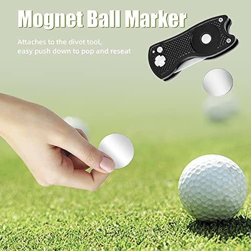 Golf Divot Repair Tool - Foldable Metal with Magnetic Marker - Black Fish