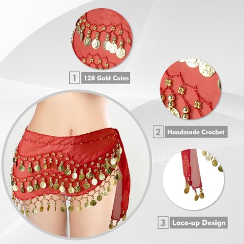 Belly Dance Hip Scarf with 128 Gold Coins - Red