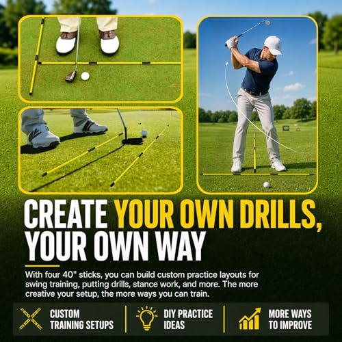 4 Pack Yellow Collapsible Golf Alignment Sticks - 40 Inch Swing & Putting Aids