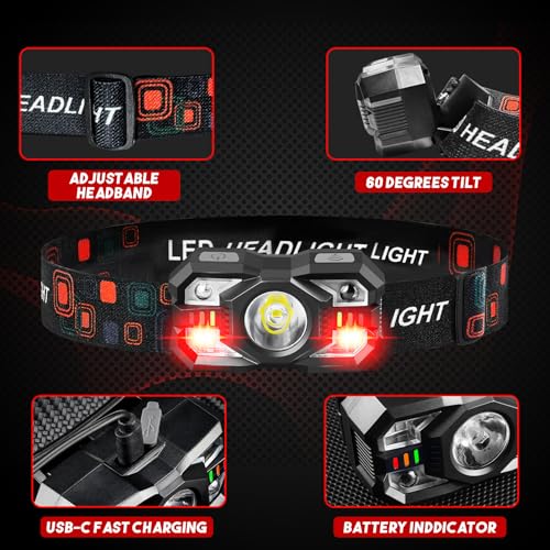 Rechargeable Headlamp Flashlight - 3000 Lumen, 6 Pack with Motion Sensor