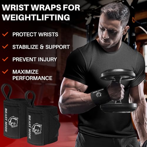 Elastic Cotton Weightlifting Wrist Wraps with Thumb Loops - Black, 18"